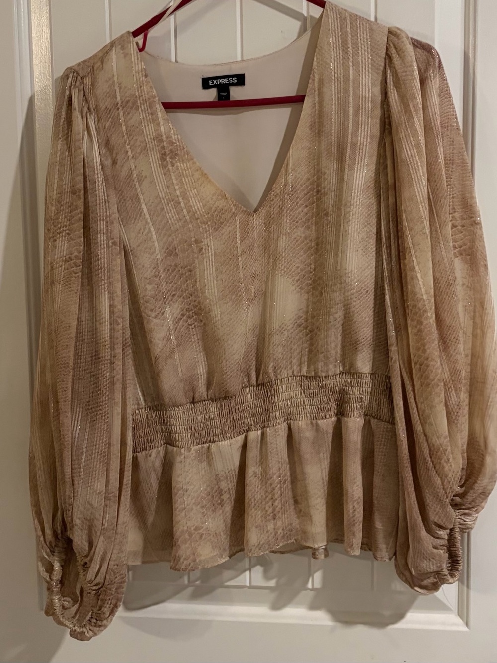 Express Beige Textured V-Neck Puff Sleeve Blouse